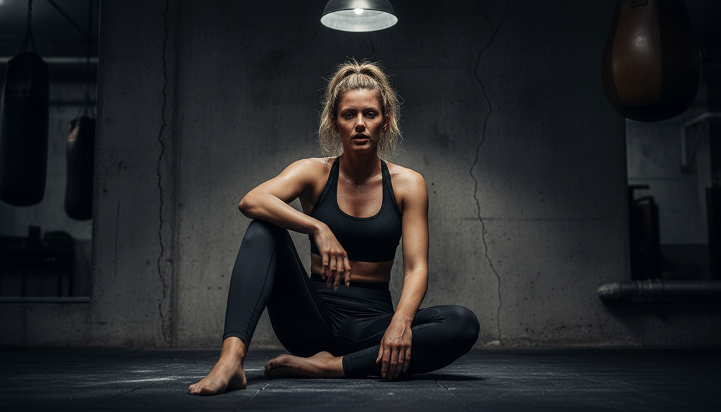 Kvinde med langt, krøllet hår iført sort sports top med åben ryg og bred elastik, poserer i profil mod en neutral baggrund