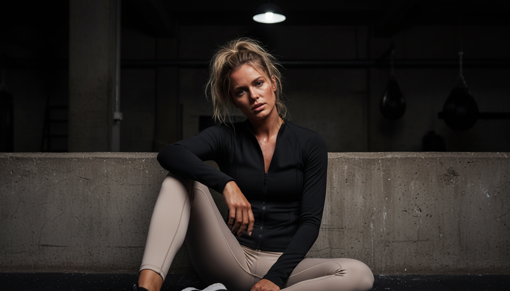 Kvinde iført sort, tætsiddende zip-up træningsjakke med høj hals og ribdetaljer – vist forfra mod neutral baggrund, med sporty og elegant stil