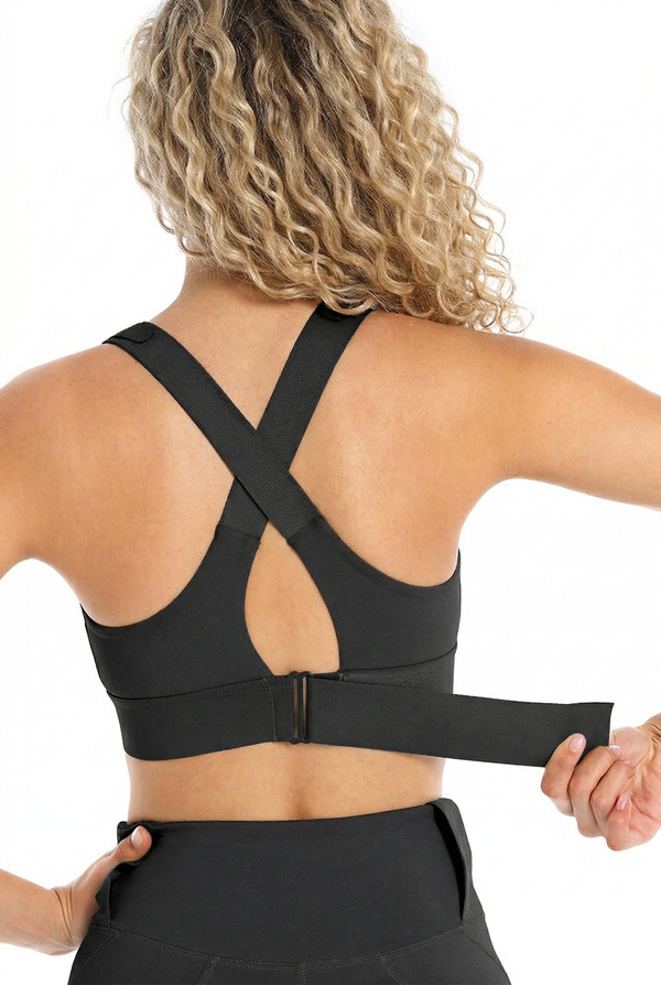 Sort bagside af High Support Sports BH med lynlås – Black, justerbare stropper